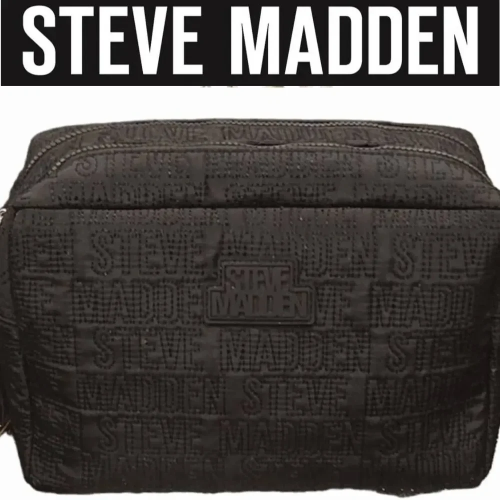 Steve Madden Logo Embossed Double Zip Quilted Cosmetic Case